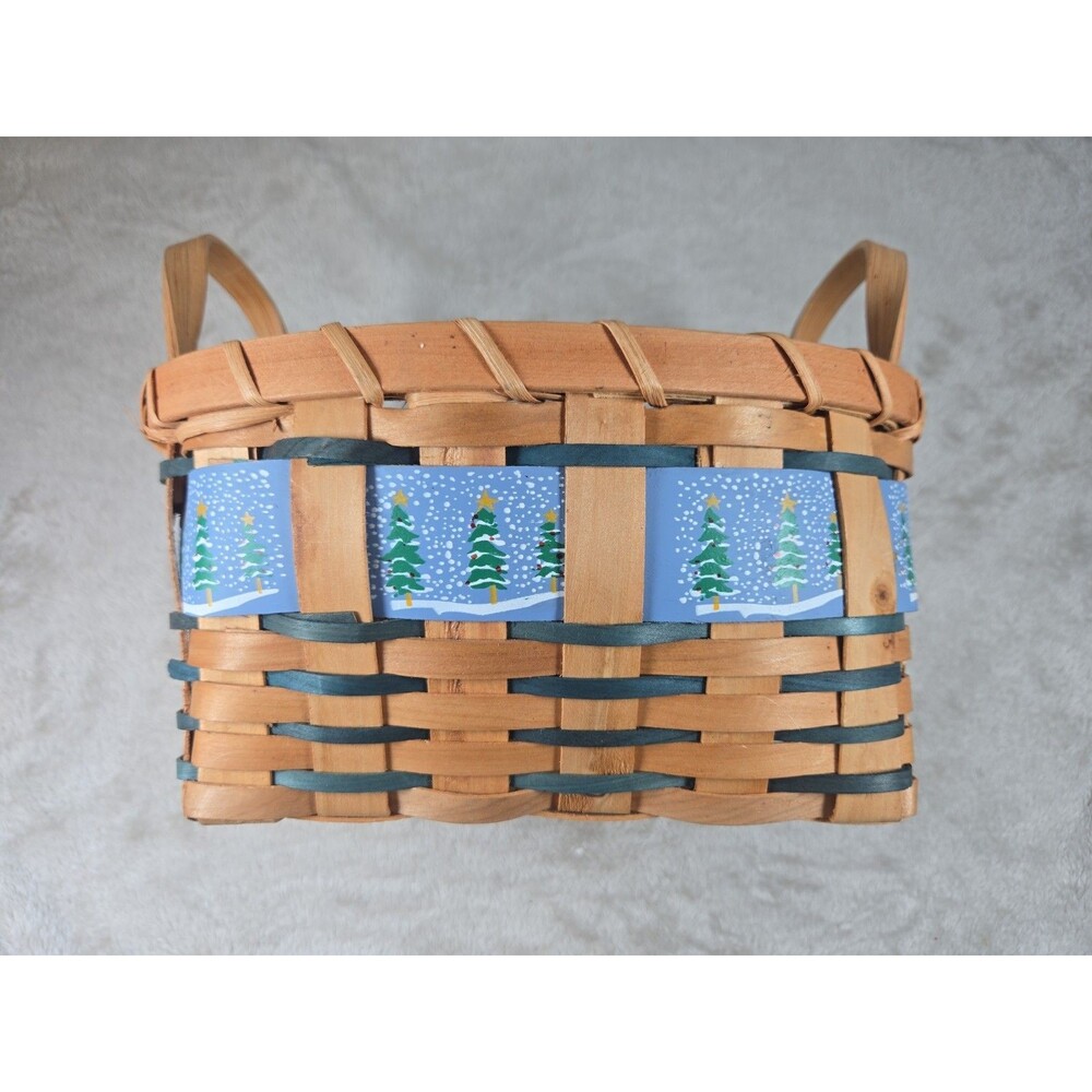 Vintage Christmas Snow Pine Tree Woven Wood Basket Snowflake Holiday Decor